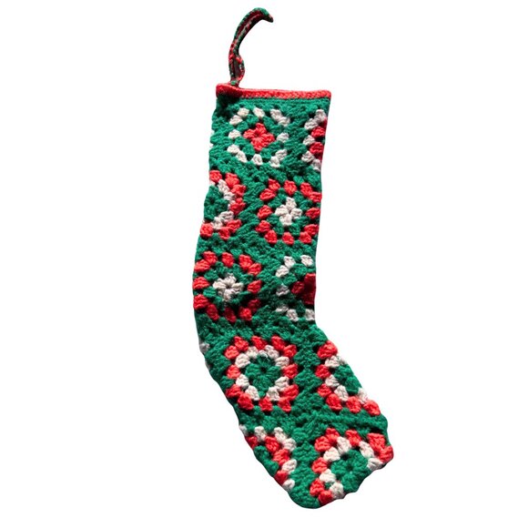 Crocheted Granny Square Red Green Off-White Christmas Stocking Handcrafted 18" - Picture 2 of 3